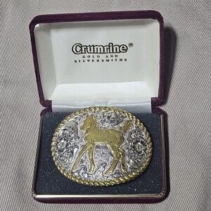 Crumrine Colt Foal Silverplate Bronze Belt Buckle Horse Western Floral Scroll NV
